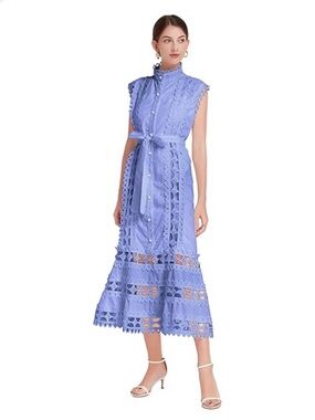 LAI MENG FIVE CATS Blue Sleeveless Lace Button Up Casual Midi Party Dress
